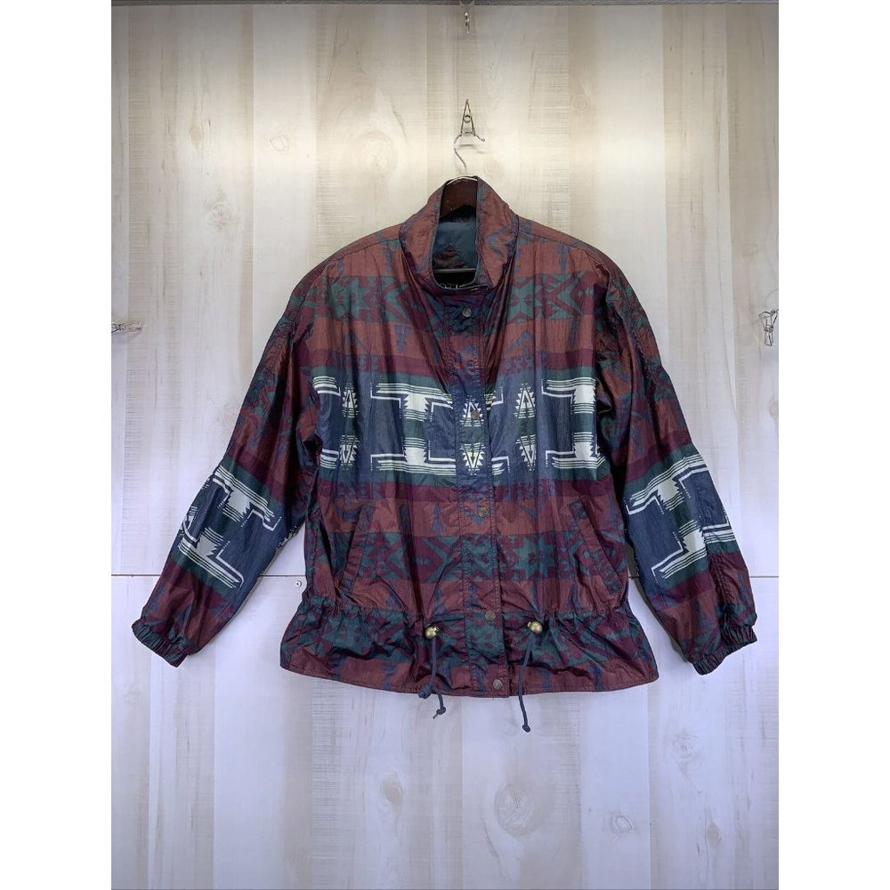 Vintage 1990s Kaotic Womens Nylon Cinch Bottom Aztec Print Windbreaker Jacket